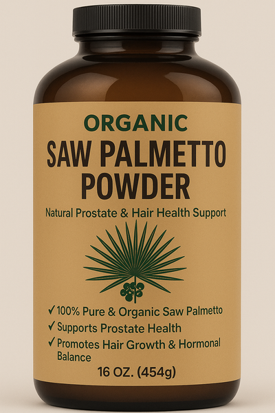 16oz organic saw palmetto powder bulk pack with berries and scoop, supports prostate health, hair growth, hormone balance, and urinary comfort