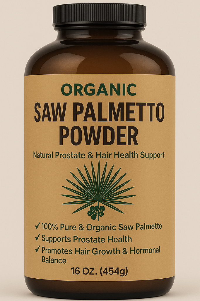 16oz organic saw palmetto powder bulk pack with berries and scoop, supports prostate health, hair growth, hormone balance, and urinary comfort
