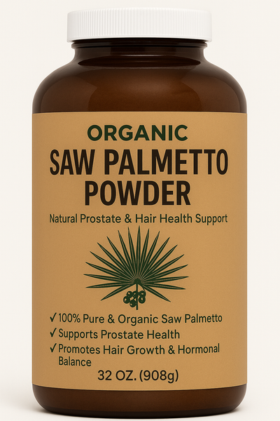32oz organic saw palmetto powder bulk pack with scoop and berries, supports prostate health, hair growth, hormone balance, and urinary comfort.