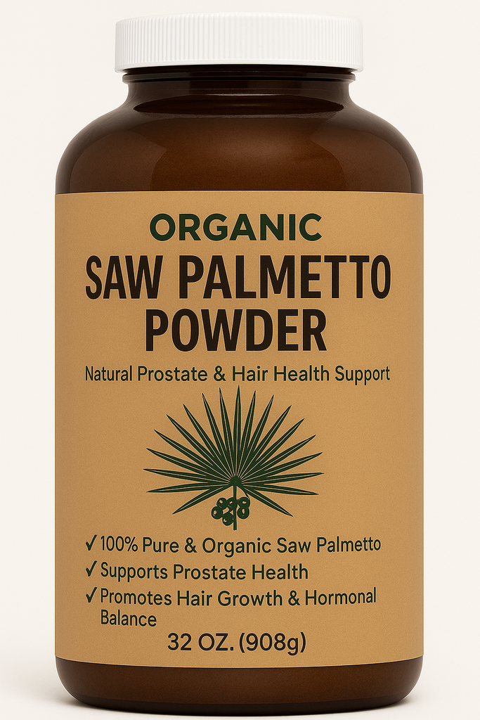 32oz organic saw palmetto powder bulk pack with scoop and berries, supports prostate health, hair growth, hormone balance, and urinary comfort.