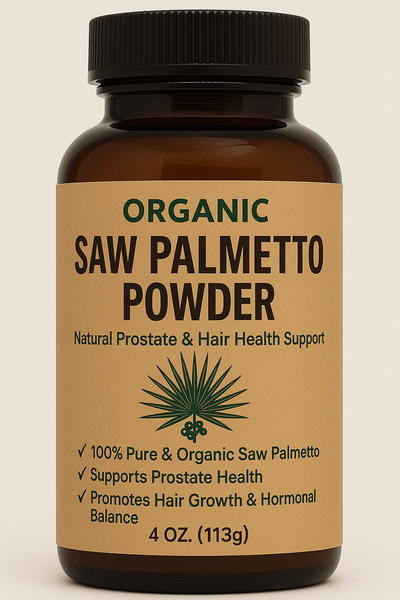 4oz USDA certified organic saw palmetto powder in a wooden bowl with berries and scoop, supports prostate health, hair growth, and hormone balance