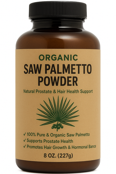 8oz organic saw palmetto powder in a bowl with berries and scoop, supports prostate health, hair growth, hormone balance, and urinary comfort.