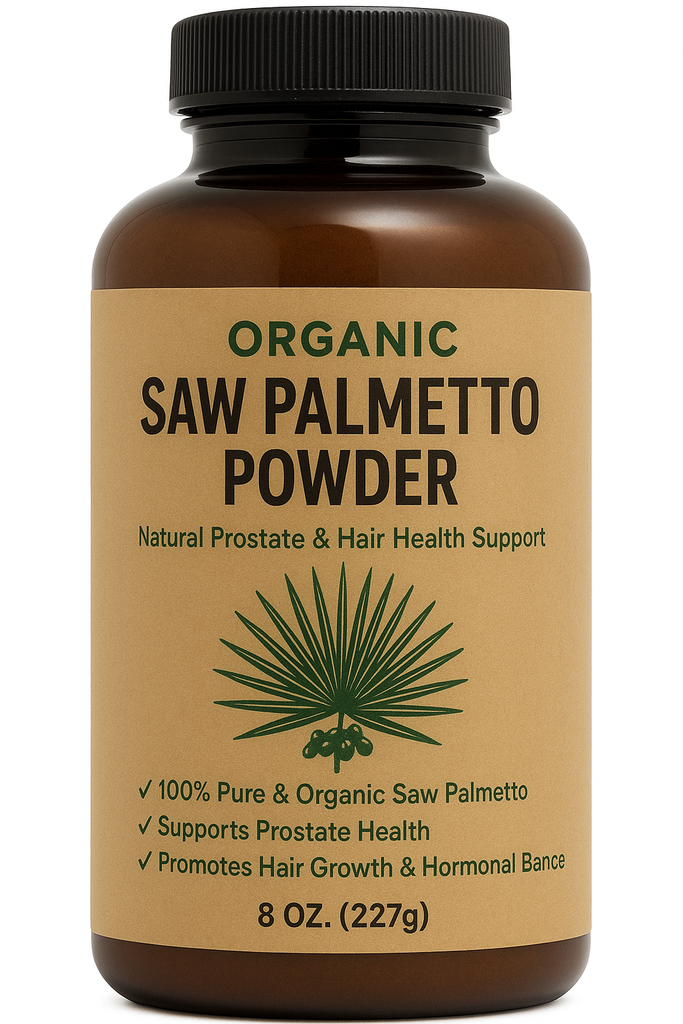 8oz organic saw palmetto powder in a bowl with berries and scoop, supports prostate health, hair growth, hormone balance, and urinary comfort.